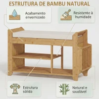 HOMCOM Banco Sapateira com Assento Acolchoado Arrumação Lateral Prateleira para Botas Estrutura de Bambu 80x30x50 cm Madeira e Bege(m-5)