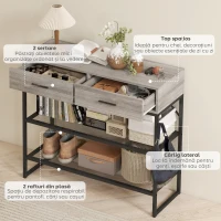 HOMCOM Consolă de Intrare cu 2 Sertare, 2 Rafturi din Plasă și Cârlig Lateral, Consolă în Lemn și Metal, Măsuță de Intrare pentru Dormitor, 100x35x92 cm, Gri Deschis(m-4)