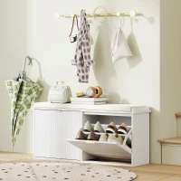 HOMCOM Banco Sapateira Móvel Sapateira Estreito com Assento Estofado 2 Caixas Rebatível e Painel de Ripas 104x26x47,5 cm Branco(m-10)