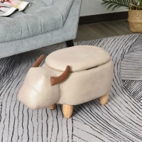 HOMCOM Tabouret Vache - Pouf Vachette - Pouf Taureau Coffre de Rangement 2 en 1 - Pieds Bois d'hévéa revêtement synthétique Aspect Crème(m-2)
