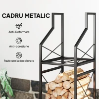 Outsunny Suport lemne de foc pe 2 niveluri din metal cu bază ridicată, 34x30x80 cm, negru(m-5)