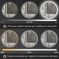 HOMCOM Specchio Bagno con Luce LED Regolabile, Antiappannamento e Display Tempo e Temperatura, Ø70 cm, Nero(m-4)