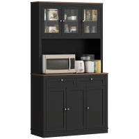 HOMCOM Armário de Cozinha com 3 Portas de Vidro Compartimento Aberto 2 Gavetas e Prateleiras Ajustáveis 100x40x180 cm Preto(m-12)