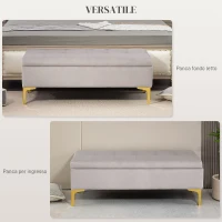 HOMCOM Panca Contenitore Fondo Letto con Tessuto Vellutato e Gambe Dorate, 120x44x44.5cm, Grigio Chiaro(m-6)