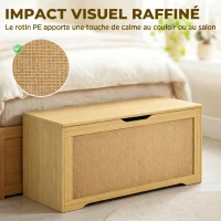 HOMCOM Coffre de Rangement en Rotin 136L, Banc Coffre avec Couvercle Relevable et 2 Charnières de Sécurité, Chêne(m-4)