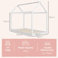 HOMCOM Single Bed Frame, House-Scandinavian-Style Wooden Bed Frame for 90W x 190D cm Mattress, Pine Wood Base, White(m-3)