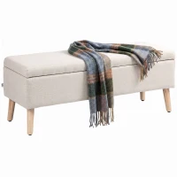HOMCOM Banc coffre rangement rembourré aspect lin pour chambre à coucher, entrée, salon, charge 220 Kg, 110 x 39 x 45 cm, beige(m-12)