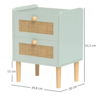 HOMCOM Table de chevet, table de nuit avec 2 tiroirs en effet rotin naturel et cadre en bois, 39,8 x 30 x 52,5 cm, vert olive(m-3)