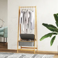 HOMCOM Suporte para Cabides de Bambu com Cesto de Tecido e Dobrável 60x44,5x157,5 cm Madeira Cinzento(m-10)
