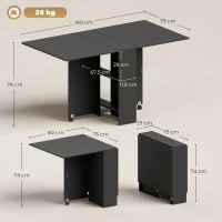 HOMCOM Mesa de Cozinha Dobrável com 2 Prateleiras de Armazenamento e Laterais Dobráveis 75x140x74 cm Preto(m-3)