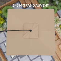 Outsunny Parasol déporté carré 3 x 3 m avec manivelle, base croisée, parasol inclinable et rotation à 360°, toile 180 g/m² kaki(m-5)
