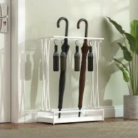 HOMCOM Suport Pentru Umbrele cu Tăviță Colectoare, 21 Orificii, 24 Cârlige, Oțel, 50x24x68 cm, Alb(m-7)