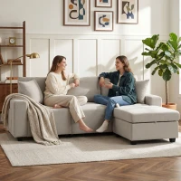 HOMCOM Divano Angolare 3 Posti in Tessuto Effetto Lino con Contenitore Poggiapiedi Rimovibile, 2 Cuscini, Beige(m-8)