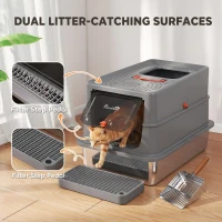 PawHut Stainless Steel Cat Litter Tray with Lid, XL 90L Enclosed Cat Litter Box with Step, Scoop, High Side, Dark Grey(m-6)