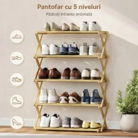 HOMCOM Raft pliabil pentru pantofi, 5 niveluri, gata de utilizare, din bambus, 60x29x88 cm, culoare lemn(m-6)