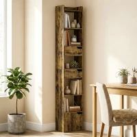 HOMCOM Bookcase Tall Narrow with 5 Tiers and Drawers Freestanding Bookshelf Storage Cabinet for Living Room Rustic Brown(m-2)