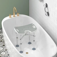HOMCOM Tabouret de douche siège de douche hauteur ajustable 39-51,5 cm barre d'appui à ventouse patins à ventouse gris(m-8)