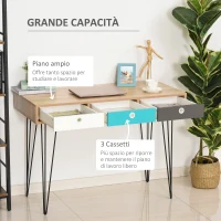 HOMCOM Scrivania Moderna con 3 Cassetti Multicolore in Legno e Metallo, Scrivania per Camera e Ufficio in Stile Nordico, 110x50x77.5cm(m-6)