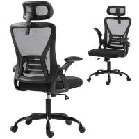 HOMCOM Scaun de Birou Ergonomic cu Brațe Rabatabile, Tetieră și Înălțime Reglabile, din Plasă Respirabilă, Negru(m-6)