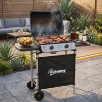 Outsunny 2 Burner Gas BBQ Trolley with Lid, 5.6 kW Gas Barbecue Grill with Wheels, Side Shelves for Home Patio Garden Party Outdoor Cooking, Black(m-2)