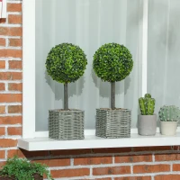 HOMCOM Set of 2 Decorative Artificial Plants, 50cm Faux Boxwood Topiary Balls with Woven Plastic Pot and Pebbles, Fake Plants for Home or Office Decor, Green(m-2)