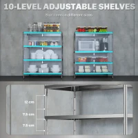 HOMCOM 4-Tier Bakers Rack with Storage, Stainless Steel Microwave Stand with Adjustable Shelves for Small Spaces, Kitchen Storage Unit for Spices, Pots and Pans, Silver Tone(m-6)