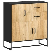HOMCOM Credenza Moderna con 3 Armadietti e 2 Cassetti, in Truciolato e Acciaio, 80x35x88 cm, Nero e color Legno(m-1)