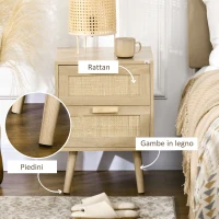 HOMCOM Comodino per Camera da Letto con 2 Cassetti in Stile Boho, 40x40x56cm, Colore Legno Naturale(m-5)