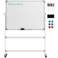 HOMCOM Tablă Albă Magnetică cu 2 Fețe, cu Accesorii și 4 Roți, din Aluminiu și Oțel, 127x50x165 cm(m-11)