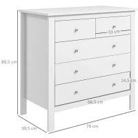 HOMCOM Cassettiera 5 Cassetti per Camera e Soggiorno in Legno Bianco, 79x39.5x80.5 cm(m-3)