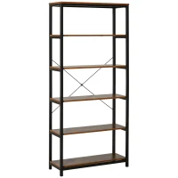 HOMCOM Bücherregal mit 5 Fächer, Standregal, Industriestil, Wohnzimmer, Schlafzimmer, Büro, E1 Spanplatte, Braun, 80 x 30 x 180 cm(m-1)