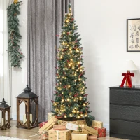 HOMCOM Árbol de Navidad Estrecho 210 cm con Luces LED 8 Modos de Iluminación Ramas con Purpurina Plateada Piñas Bayas Verde(m-10)