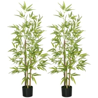 HOMCOM Bambus-Kunstbaum 2er-Set, 3 Stämme, pflegeleicht, 120 cm, Zementtopf, Grün(m-1)
