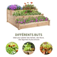 Outsunny Carré Potager de jardin en Bois massif, Jardinière Surélevé en Escalier 3 Niveaux, 120 x 120 x 56 cm, effet Bois Naturel(m-5)