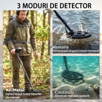 Outsunny Detector de Metale pentru Adulți cu Baterie, Detector Profesionist cu 3 Moduri pentru Aur, Lopată și Căști pentru Căutare de Comori pe Plajă, Impermeabil IP68, Display LCD(m-4)