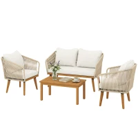 Outsunny Salon de Jardin 4 Pièces, Ensemble en Corde Tressée avec Structure en Acier et Bois d'Acacia, Coussins, Blanc Crème(m-17)