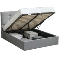 HOMCOM Lit coffre 140x190, cadre de lit double rembourré avec sommier à lattes en bois et rangement cach, sans matelas, gris(m-11)