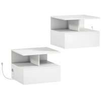 HOMCOM Set 2 Comodini Sospesi con Stazione di Ricarica, Cassetto e Ripiano Aperto, in Legno, 40x35x30 cm, Bianco(m-1)
