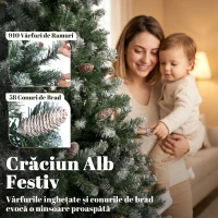HOMCOM Brad de Crăciun înzăpezit, înalt de 180 cm, cu 910 ramuri și conuri, bază pliabilă din metal, verde(m-5)