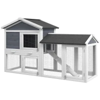 PawHut Abrigo para pequenos animais com área externa, madeira de abeto, 147 x 54 x 84 cm, Cinza(m-1)