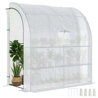 Outsunny Walk-In Lean to Wall Greenhouse with Windows and Doors, Outdoor Green House with 3 Tiers 4 Wired Shelves, 200L x 100W x 215Hcm, White(m-1)