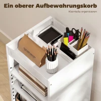 HOMCOM Bücherregal mobil mit verstellbaren Regalen, 3-stufiger Rollwagen mit oberem Korb, Weiß(m-6)