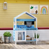 AIYAPLAY Outdoor-Spielküche für Kinder mit Sonnendach, Kochgeschirr-Set, Massivholz, Blau(m-10)