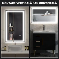 HOMCOM Oglindă de baie cu lumini LED reglabilă în 3 culori și strat antișoc, din sticlă și metal, 100x3x60 cm(m-7)