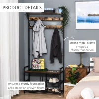 HOMCOM Coat Rack Stand Shoe Storage Bench with 9 Hooks Shelves for Bedroom Living Room Entryway Brown and Black 180cm(m-7)