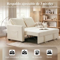HOMCOM Sofá Cama 2 Plazas 3 en 1 con Respaldo Ajustable Bolsillos Laterales 2 Almohadas para Sala de Estar Blanco Crema(m-5)