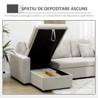 HOMCOM Canapea Extensibilă de Colț în Formă de L, 2 Locuri cu Șezlong Convertibil în Pat pentru o Persoană, Canapea cu Spațiu de Depozitare și 2 Perne, Crem(m-7)
