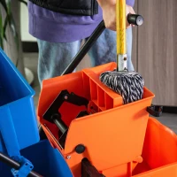 HOMCOM Cărucior Profesional de Curățenie cu 2 Găleți de 26L, Cărucior cu Presă, Mâner și 4 Roți Universale, pentru Hotel, Casă, Birou, 78x45x95 cm, Portocaliu și Albastru(m-9)