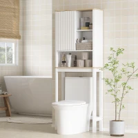 HOMCOM Meuble de rangement au-dessus des toilettes avec porte cannelée, compartiments, étagère réglable, 65x25x170cm, blanc(m-2)