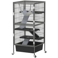 PawHut Gaiola para pequenos animais 4 andares com bandeja elevável Rampas Rede Rodízios Plataformas 52x52x115 cm Cinza(m-7)